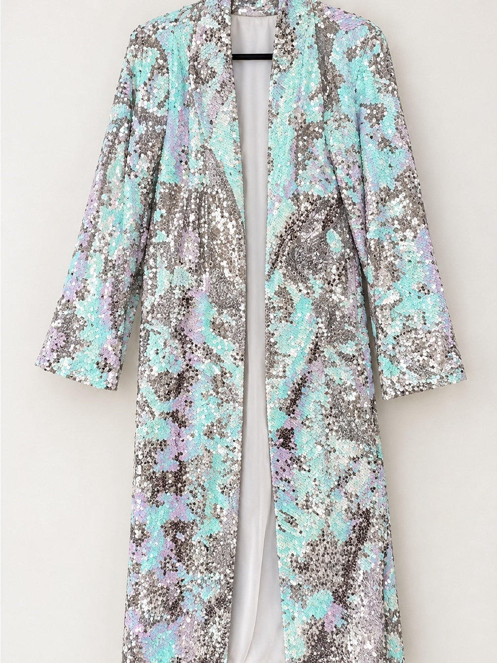 Sequin Long Coat in Silver & Aqua